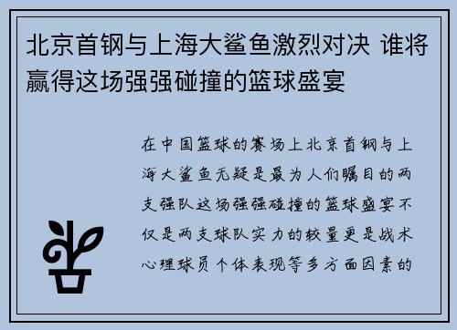 北京首钢与上海大鲨鱼激烈对决 谁将赢得这场强强碰撞的篮球盛宴