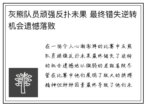 灰熊队员顽强反扑未果 最终错失逆转机会遗憾落败