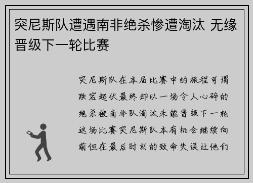 突尼斯队遭遇南非绝杀惨遭淘汰 无缘晋级下一轮比赛
