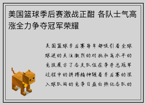 美国篮球季后赛激战正酣 各队士气高涨全力争夺冠军荣耀