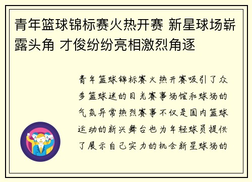 青年篮球锦标赛火热开赛 新星球场崭露头角 才俊纷纷亮相激烈角逐