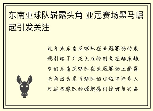 东南亚球队崭露头角 亚冠赛场黑马崛起引发关注