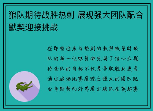 狼队期待战胜热刺 展现强大团队配合默契迎接挑战