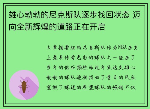 雄心勃勃的尼克斯队逐步找回状态 迈向全新辉煌的道路正在开启