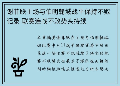 谢菲联主场与伯明翰城战平保持不败记录 联赛连战不败势头持续