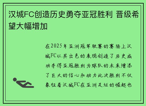 汉城FC创造历史勇夺亚冠胜利 晋级希望大幅增加